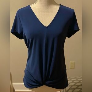 Navy blue short sleeve vneck twist front blouse